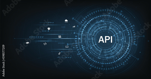 Application Programming Interface (API) on blue background. Software development tools, information technology, modern technology, internet. 