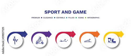 set of sport and game filled icons. sport and game filled icons with infographic template.flat icons such as pencak silat, motorbike riding, volleyball motion, man doing pushups, ski boots vector.