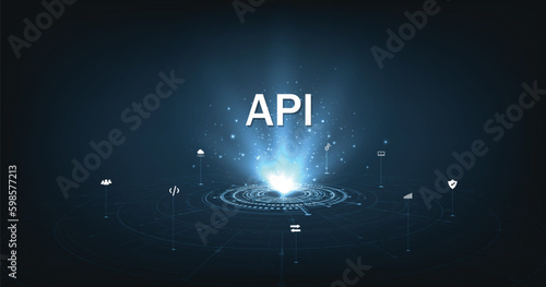 Application Programming Interface (API) concept. Software development tools, information technology, modern technology, internet and networking concepts on dark blue background.