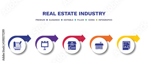 set of real estate industry filled icons. real estate industry filled icons with infographic template.flat icons such as technical drawing, billboard, tenant, facade, plans vector.