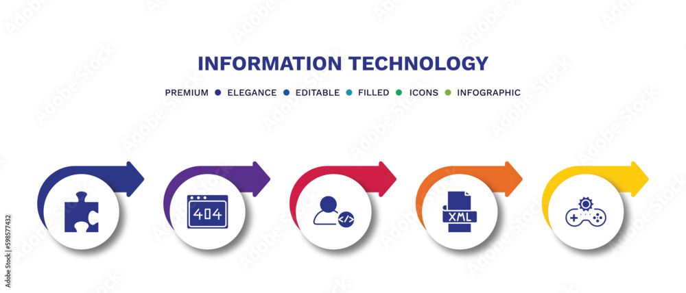set of information technology filled icons. information technology filled icons with infographic template.flat icons such as addon, 404 error, developer, xml, game development vector. set of information technology filled icons. information technology filled icons with infographic template.flat icons such as addon, 404 error, developer, xml, game development vector.