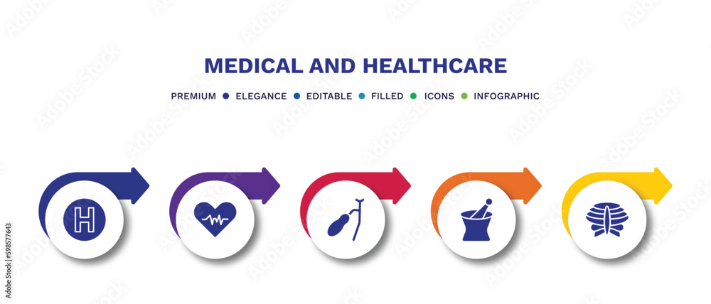 set of medical and healthcare filled icons. medical and healthcare filled icons with infographic template.flat icons such as heliport, diagtic, gallbladder, phary tool, sternum vector.