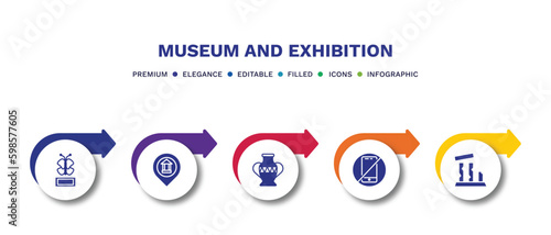 set of museum and exhibition filled icons. museum and exhibition filled icons with infographic template.flat icons such as butterfly, museum map, porcelain, no phone, relics vector.