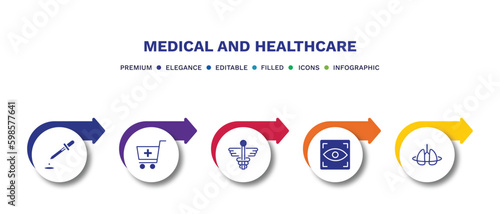 set of medical and healthcare filled icons. medical and healthcare filled icons with infographic template.flat icons such as dosage medical tool, phary shopping cart, caduceus, eye scanner breath