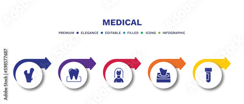 set of medical filled icons. medical filled icons with infographic template.flat icons such as femur, molar, female, tissue paper, blood sample vector.