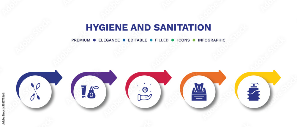 set of hygiene and sanitation filled icons. hygiene and sanitation filled icons with infographic template.flat icons such as cotton, cosmetics, sanitary, tissues, pump bottle vector.