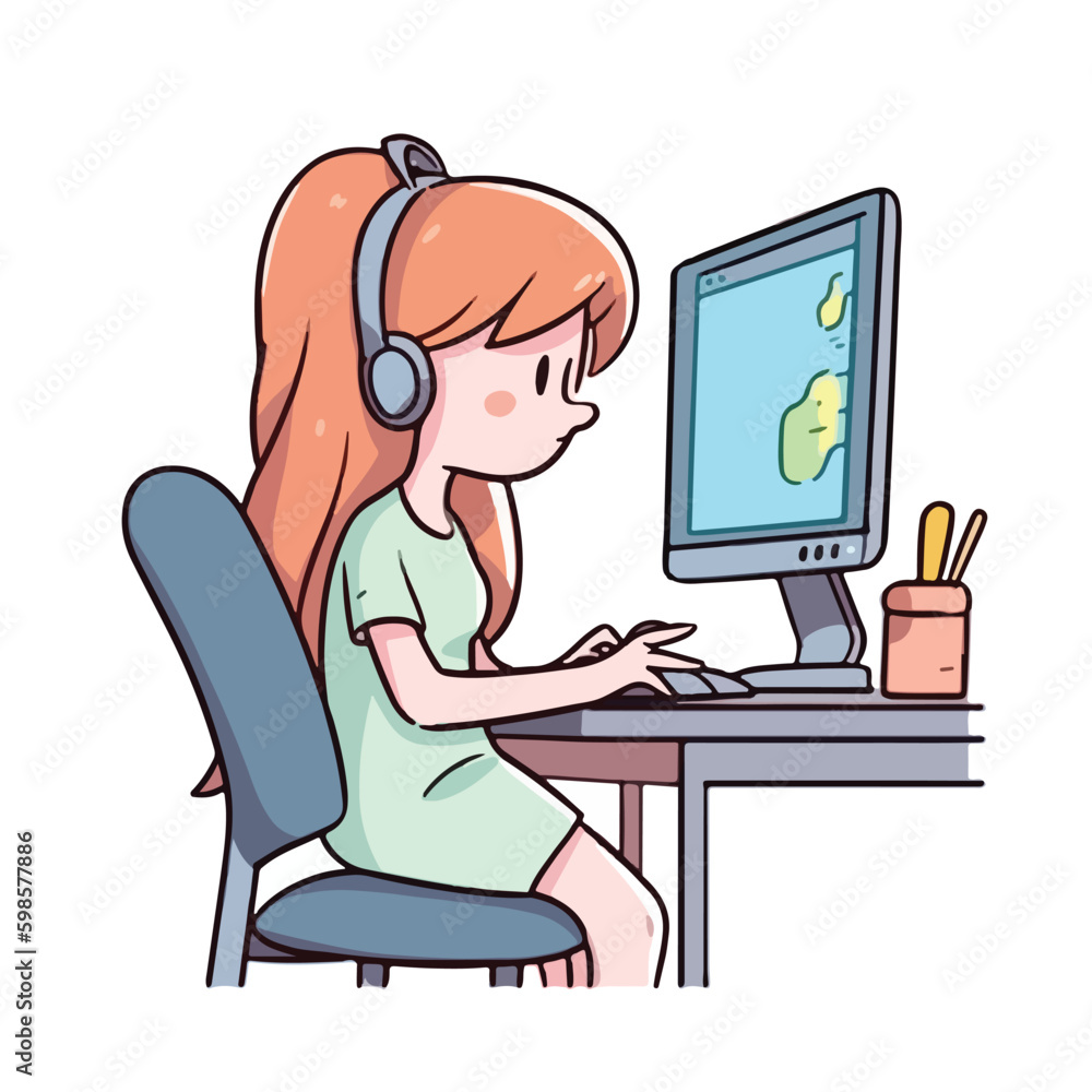 Cute little girl working and studying using computer desktop cartoon flat character vector illustration Cute little girl working and studying using computer desktop cartoon flat character vector illustration