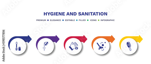 set of hygiene and sanitation filled icons. hygiene and sanitation filled icons with infographic template.flat icons such as toilet brush, douche, drying hands, dust cleaning, primp vector.