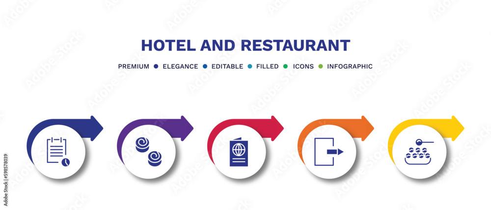 set of hotel and restaurant filled icons. hotel and restaurant filled icons with infographic template.flat icons such as reservation, cinnamon roll, passport, check out, takoyaki vector. set of hotel and restaurant filled icons. hotel and restaurant filled icons with infographic template.flat icons such as reservation, cinnamon roll, passport, check out, takoyaki vector.