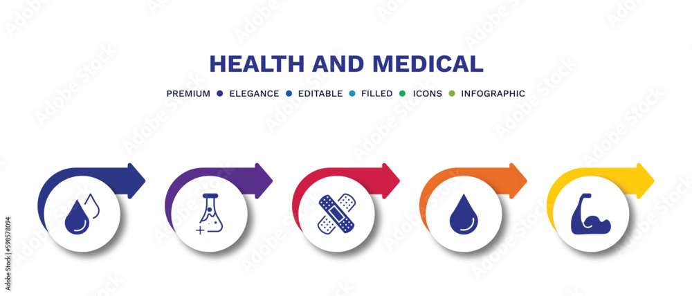set of health and medical filled icons. health and medical filled icons with infographic template.flat icons such as blood drop, medical substance, band aid, blood, biceps vector.