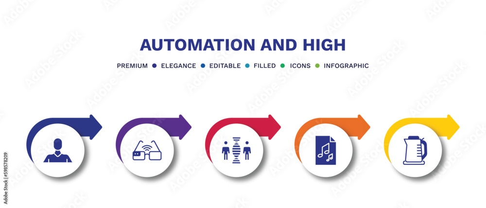 set of automation and high filled icons. automation and high filled icons with infographic template.flat icons such as avatar, smart glasses, cloning, audio file, kettle vector. set of automation and high filled icons. automation and high filled icons with infographic template.flat icons such as avatar, smart glasses, cloning, audio file, kettle vector.