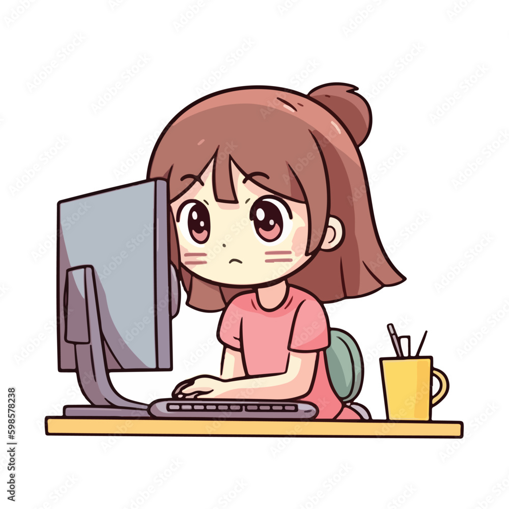 Cute little girl working and studying using computer desktop cartoon flat character vector illustration Cute little girl working and studying using computer desktop cartoon flat character vector illustration