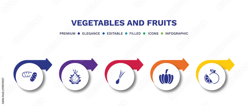 set of vegetables and fruits filled icons. vegetables and fruits filled icons with infographic template.flat icons such as potatoes, dragon fruit, spring onion, pumpkin, grapefruit vector.