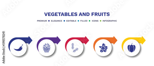 set of vegetables and fruits filled icons. vegetables and fruits filled icons with infographic template.flat icons such as chili, blackberry, peanut, star fruit, pepper vector.