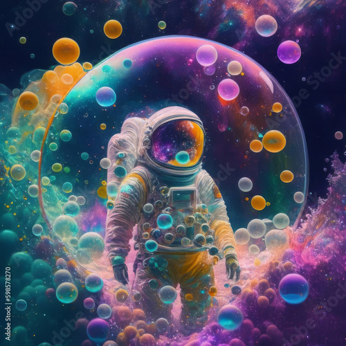 Image of an astronaut in a colorful galaxy of bubbles on another planet.