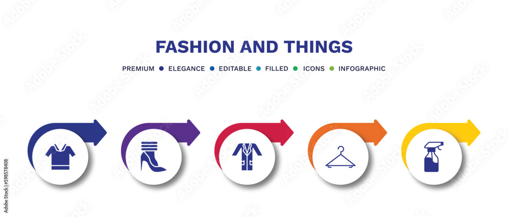 set of fashion and things filled icons. fashion and things filled icons with infographic template.flat icons such as safety shirt, leg warmer, lab coat, clothing hanger, spray bottle vector.
