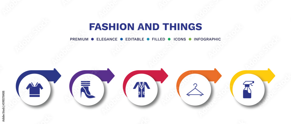 set of fashion and things filled icons. fashion and things filled icons with infographic template.flat icons such as safety shirt, leg warmer, lab coat, clothing hanger, spray bottle vector. set of fashion and things filled icons. fashion and things filled icons with infographic template.flat icons such as safety shirt, leg warmer, lab coat, clothing hanger, spray bottle vector.