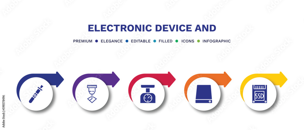 set of electronic device and filled icons. electronic device and filled icons with infographic template.flat icons such as vaporizer, laser hine, weighing, drive, ssd vector.