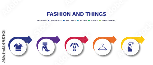 set of fashion and things filled icons. fashion and things filled icons with infographic template.flat icons such as safety shirt, leg warmer, lab coat, clothing hanger, spray bottle vector.