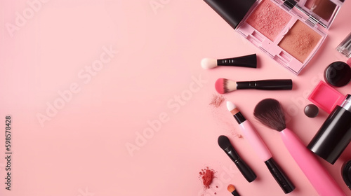 Professional makeup brushes and cosmetics on a pink background. Flat lay with copy space. AI