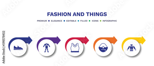 set of fashion and things filled icons. fashion and things filled icons with infographic template.flat icons such as shoe side view, working coverall, gym clothes, handbag elegant de, skein vector.