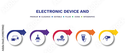 set of electronic device and filled icons. electronic device and filled icons with infographic template.flat icons such as devices, exhaust hood, dvd player, trimmer, blow dryer vector.