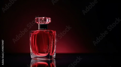 Red perfume bottle on a dark background with copy space. AI