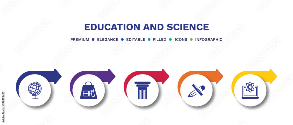 set of education and science filled icons. education and science filled icons with infographic template.flat icons such as school globe, bag of books, greek pillar, school supplies, educational set of education and science filled icons. education and science filled icons with infographic template.flat icons such as school globe, bag of books, greek pillar, school supplies, educational