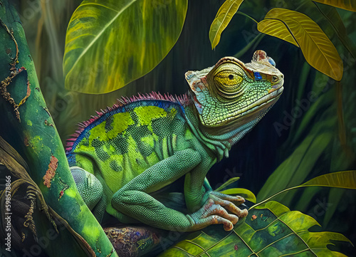 Colorful chameleon  exotic wild lizard or reptile. Generative AI