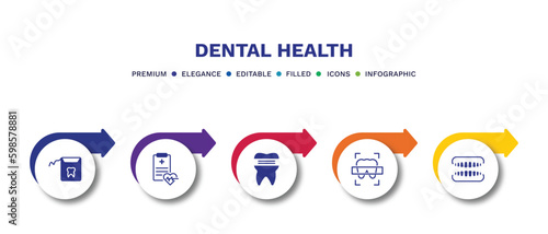 set of dental health filled icons. dental health filled icons with infographic template.flat icons such as dental floss, health report, molar crown, x ray, dentures vector.