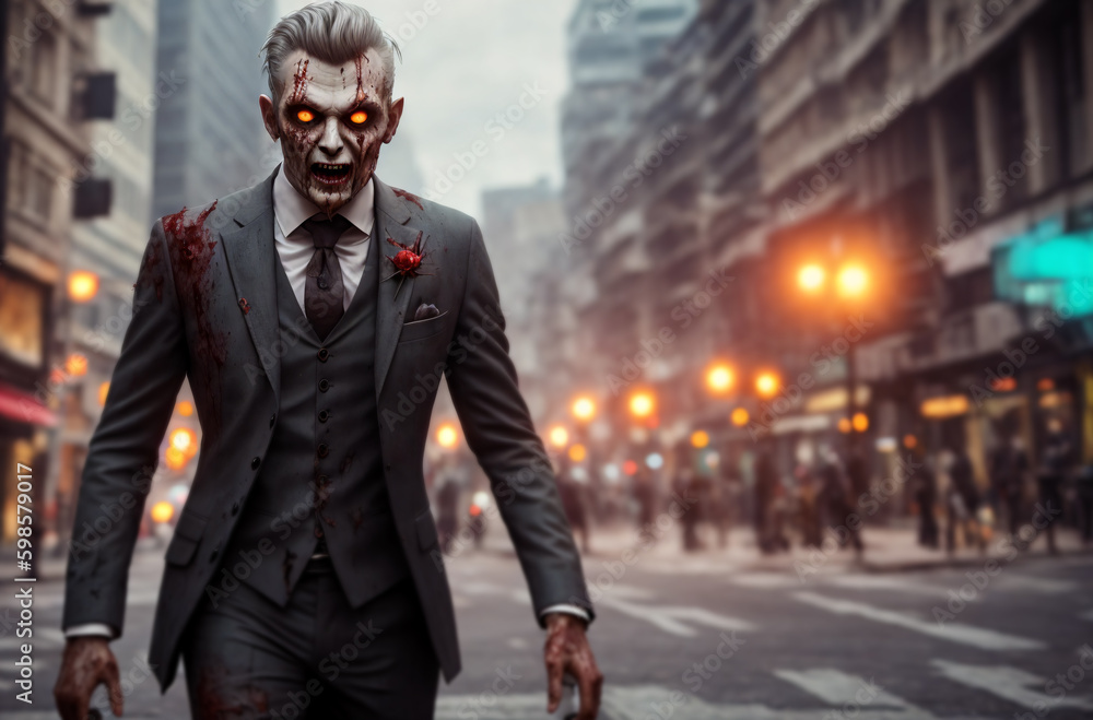 Zombie man in business suit on city street. Stylish living dead in downtown. Generative AI. Zombie man in business suit on city street. Stylish living dead in downtown. Generative AI.