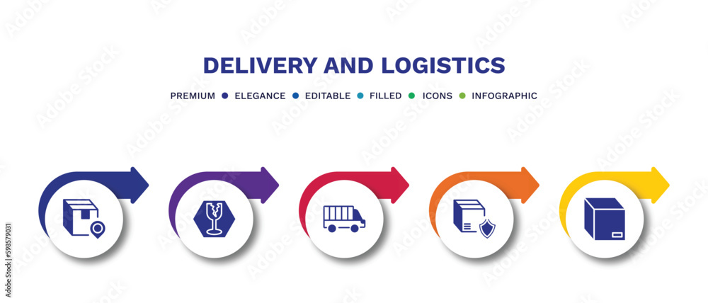 set of delivery and logistics filled icons. delivery and logistics filled icons with infographic template.flat icons such as delivery destination, fragile, cargo bus, shield, box vector. set of delivery and logistics filled icons. delivery and logistics filled icons with infographic template.flat icons such as delivery destination, fragile, cargo bus, shield, box vector.