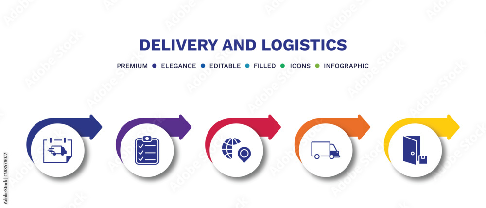 set of delivery and logistics filled icons. delivery and logistics filled icons with infographic template.flat icons such as delivery day, clipboard, distribution, transportation, to the door set of delivery and logistics filled icons. delivery and logistics filled icons with infographic template.flat icons such as delivery day, clipboard, distribution, transportation, to the door