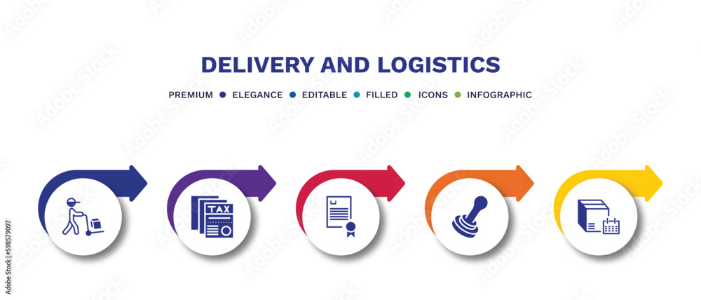 set of delivery and logistics filled icons. delivery and logistics filled icons with infographic template.flat icons such as delivery man, tax free, charter, stamp, schedule vector. set of delivery and logistics filled icons. delivery and logistics filled icons with infographic template.flat icons such as delivery man, tax free, charter, stamp, schedule vector.