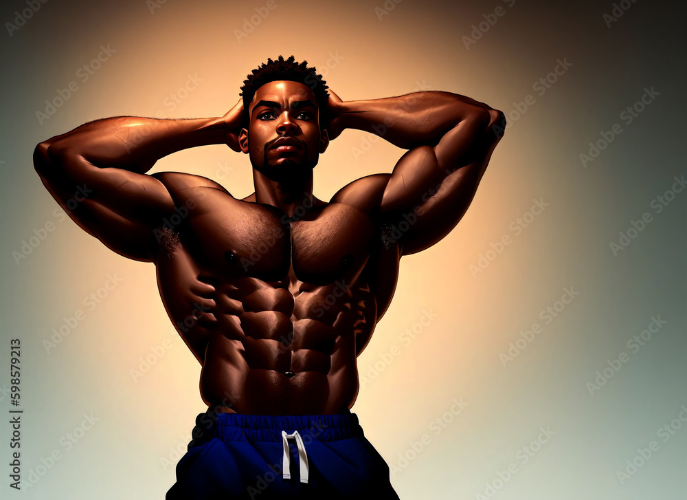 african american man flexing his muscles with his hands behind his headr. Generative AI. african american man flexing his muscles with his hands behind his headr. Generative AI.