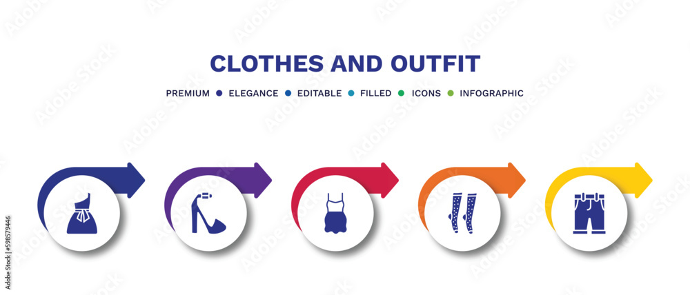 set of clothes and outfit filled icons. clothes and outfit filled icons with infographic template.flat icons such as one shoulder dress, platform sandals, chiffon dress, women socks, chino shorts set of clothes and outfit filled icons. clothes and outfit filled icons with infographic template.flat icons such as one shoulder dress, platform sandals, chiffon dress, women socks, chino shorts