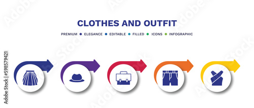 set of clothes and outfit filled icons. clothes and outfit filled icons with infographic template.flat icons such as tulle skirt, men hat, messenger bag, denim shorts, chiffon suffle blouse vector.