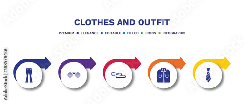 set of clothes and outfit filled icons. clothes and outfit filled icons with infographic template.flat icons such as flare pants, shutter sunglasses, loafer, formal shirt, tie vector.