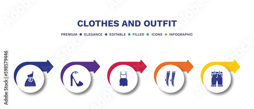 set of clothes and outfit filled icons. clothes and outfit filled icons with infographic template.flat icons such as one shoulder dress, platform sandals, chiffon dress, women socks, chino shorts