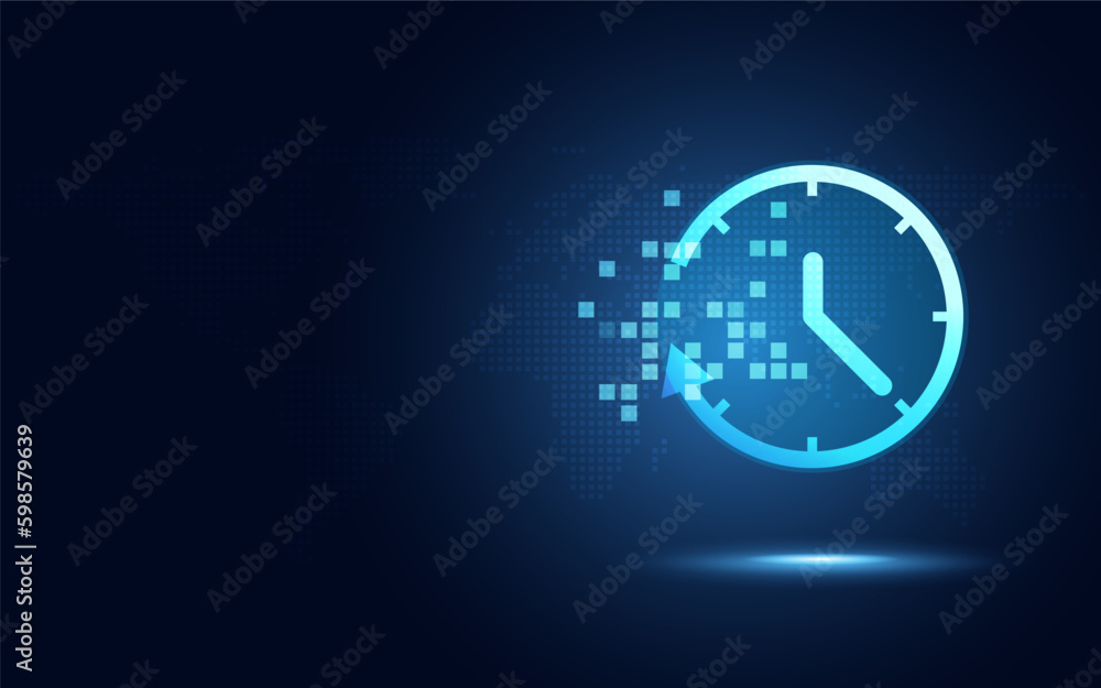 Futuristic time clock hand and clock face digital transformation abstract technology background. Business growth currency stock timer and investment economy. Vector illustration - obrazy, fototapety, plakaty 