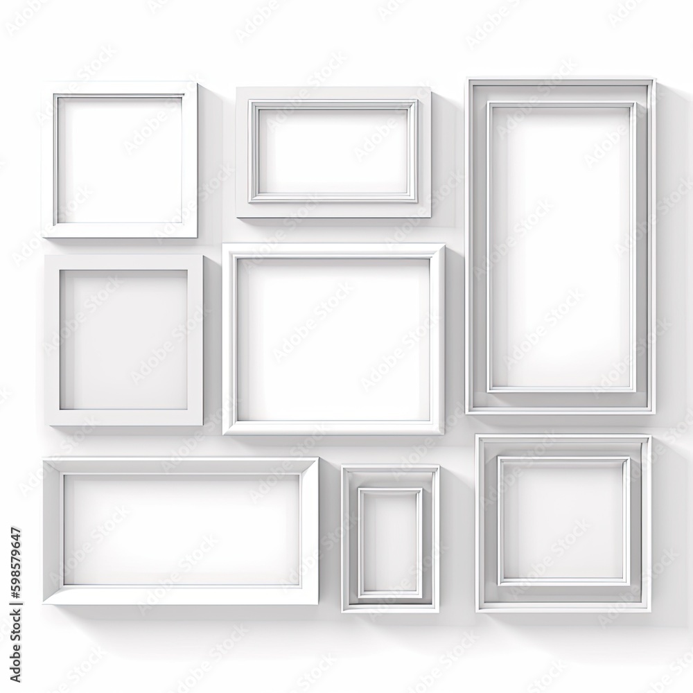 Gallery wall photo frame set with various sizes isolated on a white background, generative ai Gallery wall photo frame set with various sizes isolated on a white background, generative ai