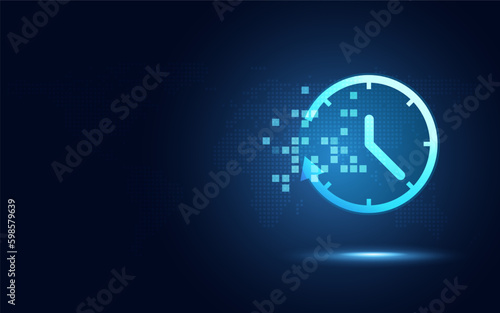 Futuristic time clock hand and clock face digital transformation abstract technology background. Business growth currency stock timer and investment economy. Vector illustration photo
