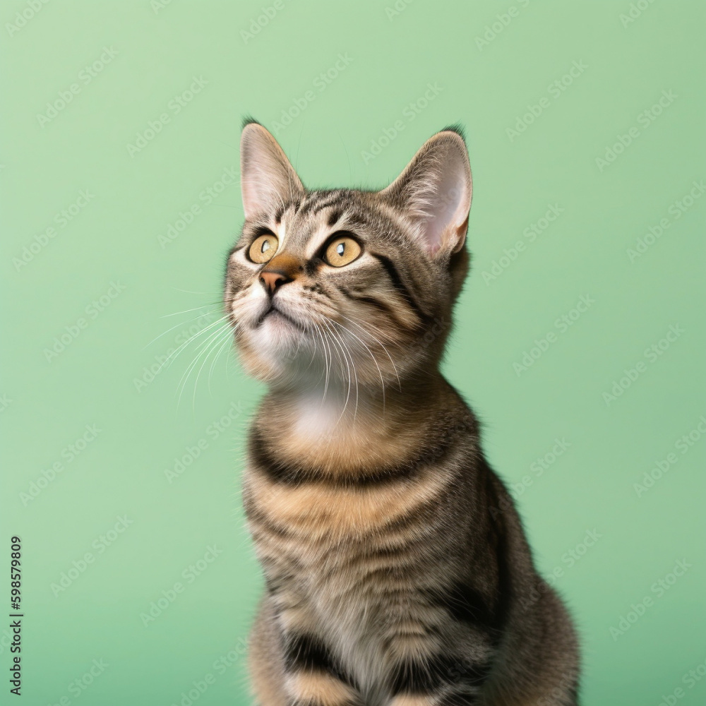 Studio shot of a cat sitting on a single color background