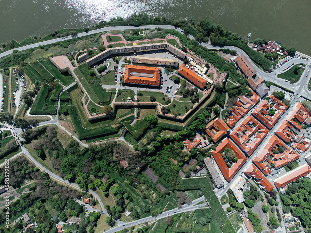 Drone areal shot of Petrovaradin fortress located on the Danube River bank across from Novi Sad. Serbia