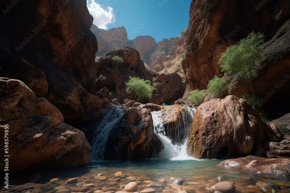 Explore a concealed canyon with a treasure waterfall, stunning landscape and rocks in ultra-wide angle bokeh in Unreal Engine 5. Generative AI