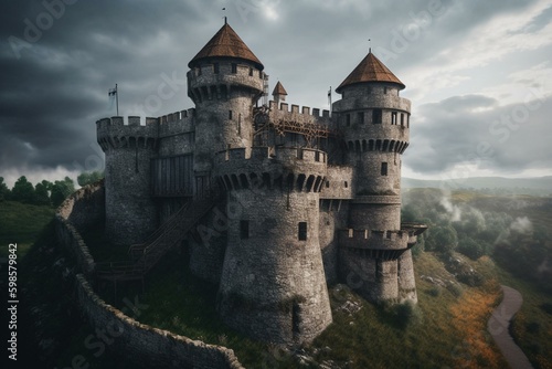 An ancient fortification modelled on medieval times with a strong visible tower. Generative AI