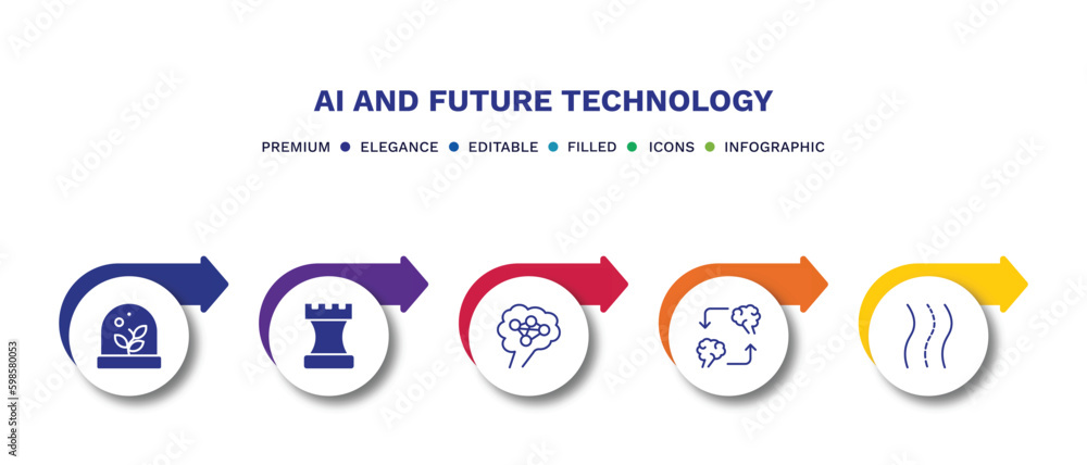 set of ai and future technology filled icons. ai and future technology filled icons with infographic template.flat icons such as artificial atmosphere, chess, ai brain, mind transfer, road vector.