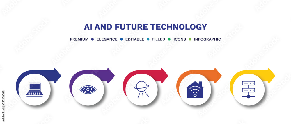 set of ai and future technology filled icons. ai and future technology filled icons with infographic template.flat icons such as laptop, smart lens, outer space, smart home, servers vector.
