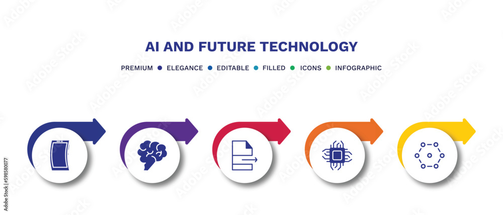 set of ai and future technology filled icons. ai and future technology filled icons with infographic template.flat icons such as mobile flexible display, brain, file transfer, chip, ar camera