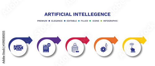 set of artificial intellegence filled icons. artificial intellegence filled icons with infographic template.flat icons such as panorama, page views, data security, efficiency, finger control vector.